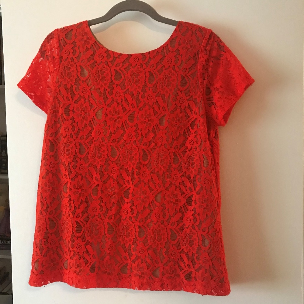 Lace top lined flesh tone body/sheer sleeves L